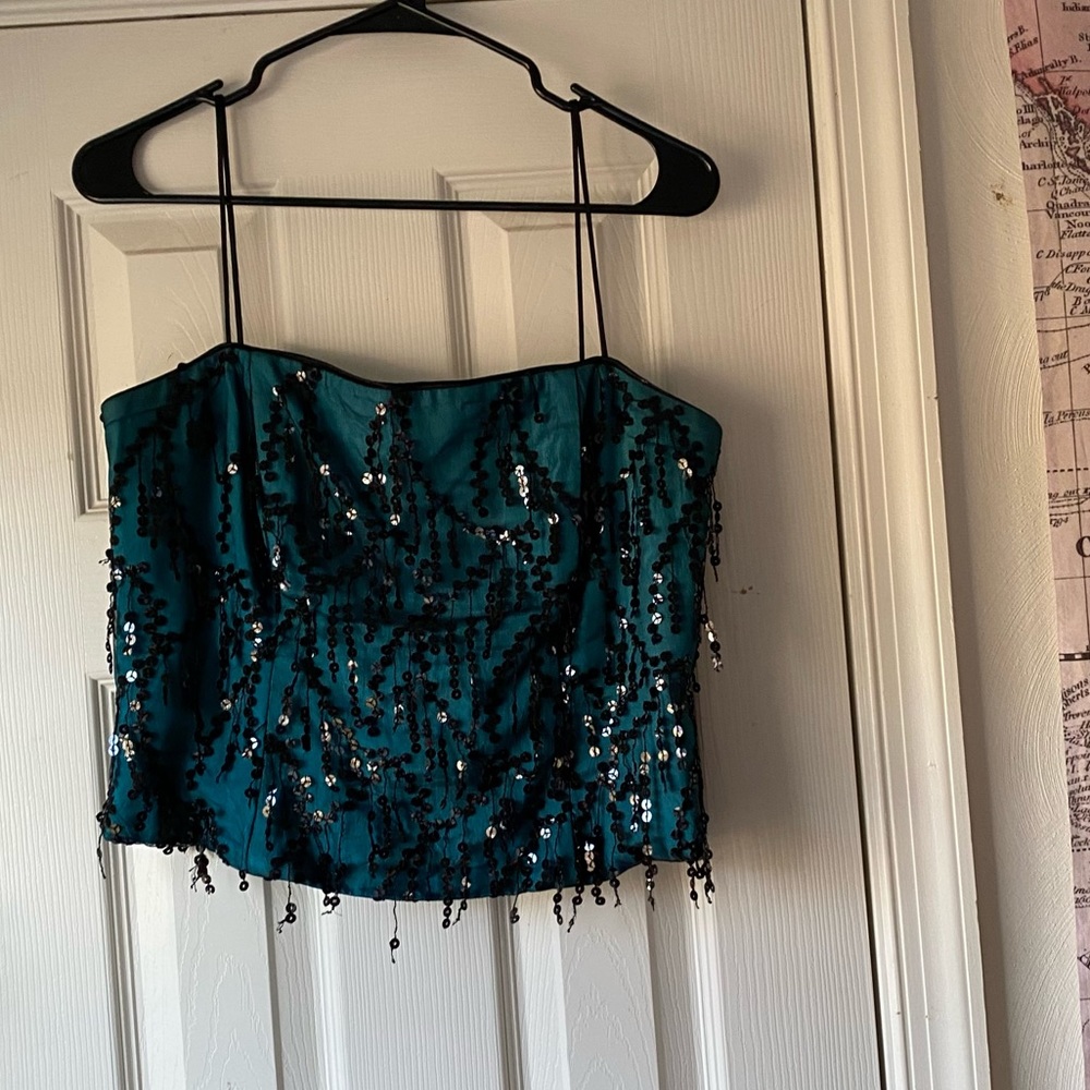 Vintage Y2K Ignite Sequin Corset Tank Top Spaghetti Straps 90s Teal Mermaid Core - Picture 2 of 7